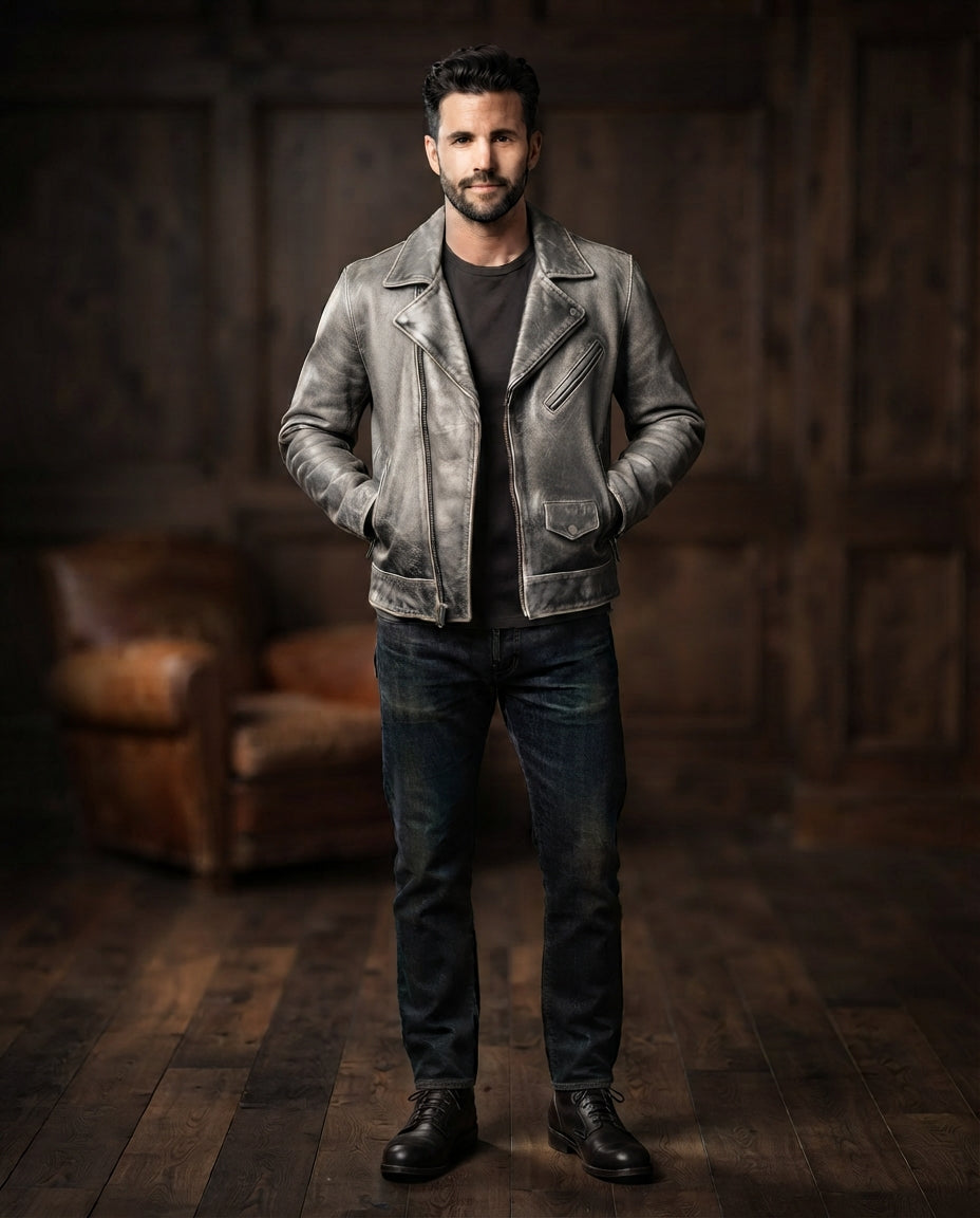 Men's gray hand-distressed vintage leather jacket, full body view – The Drifter