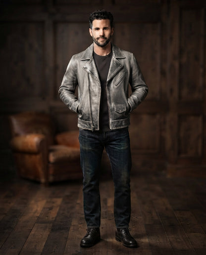 Men's gray hand-distressed vintage leather jacket, full body view – The Drifter