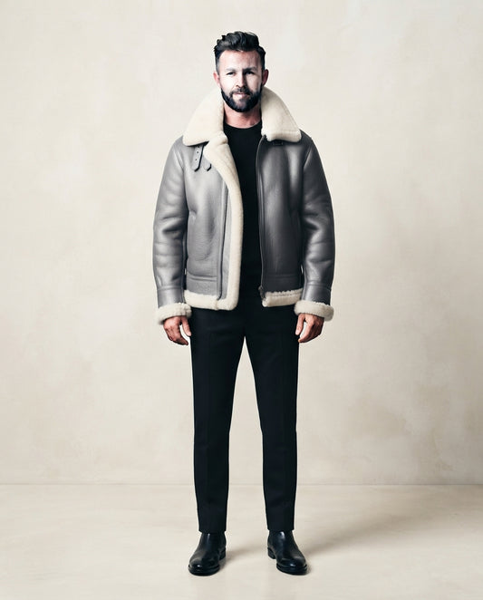 Men's gray leather shearling jacket with oversized ivory shearling collar, full body view, The Frontier Gray
