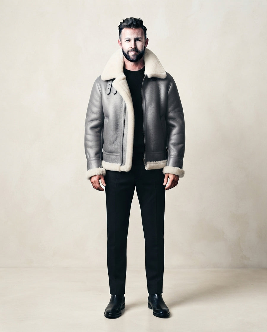 Men's gray leather shearling jacket with oversized ivory shearling collar, full body view, The Frontier Gray