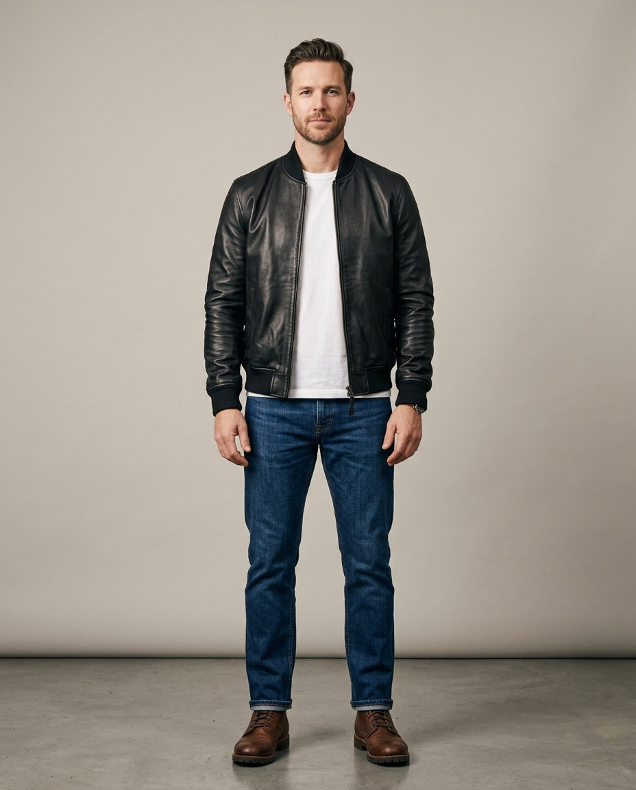 Men's black leather bomber jacket with ribbed collar, cuffs and hem, front view, The Harlan Black