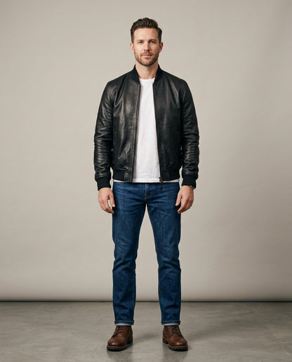 Men's black leather bomber jacket with ribbed collar, cuffs and hem, front view, The Harlan Black