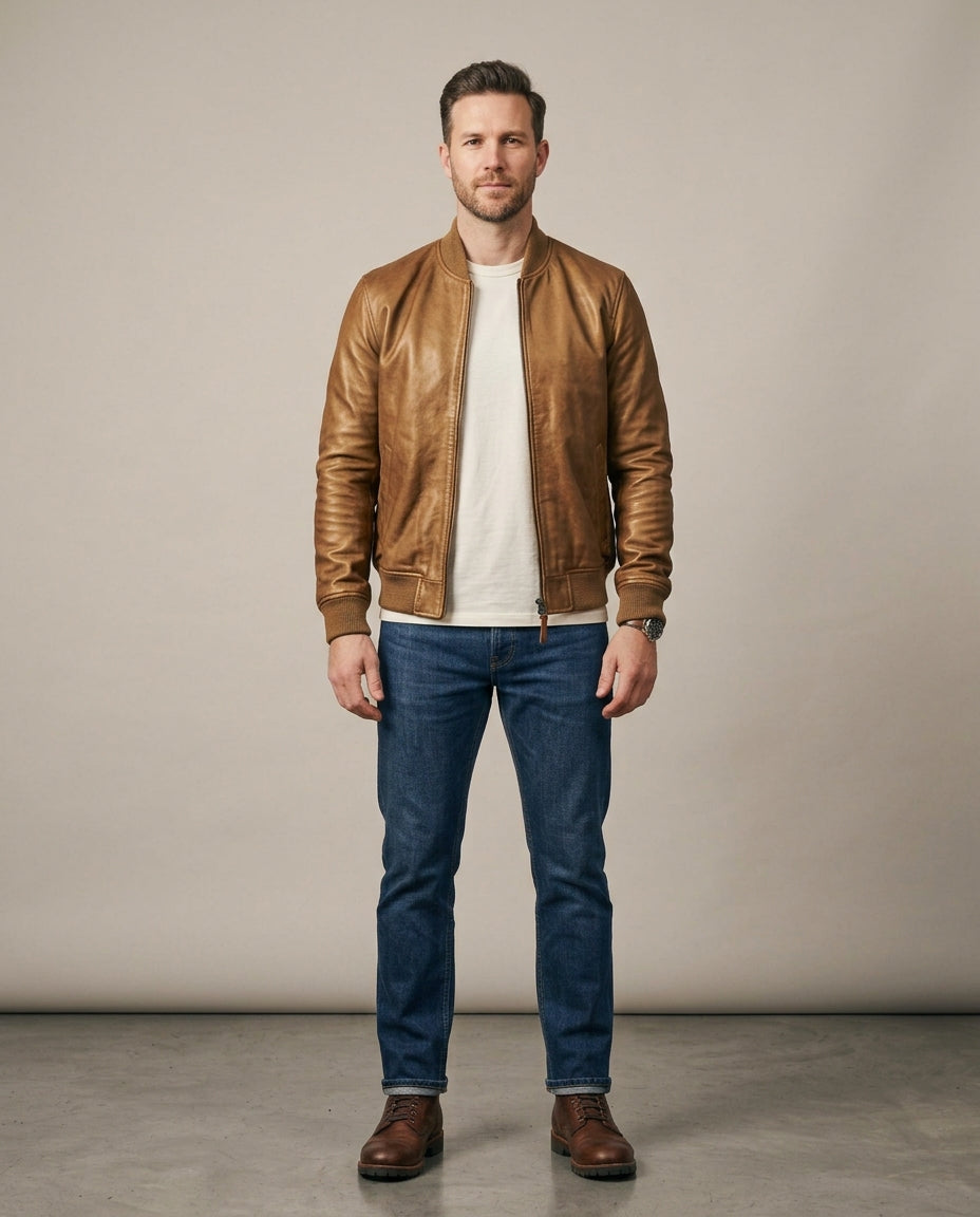 Men's bronze leather bomber jacket with ribbed collar, cuffs and hem, front view, The Harlan Bronze