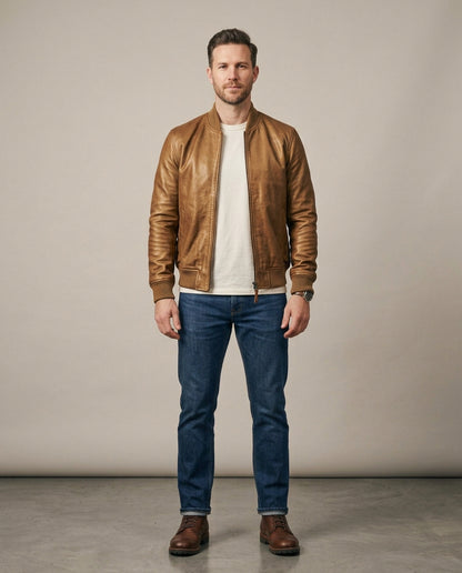 Men's bronze leather bomber jacket with ribbed collar, cuffs and hem, front view, The Harlan Bronze