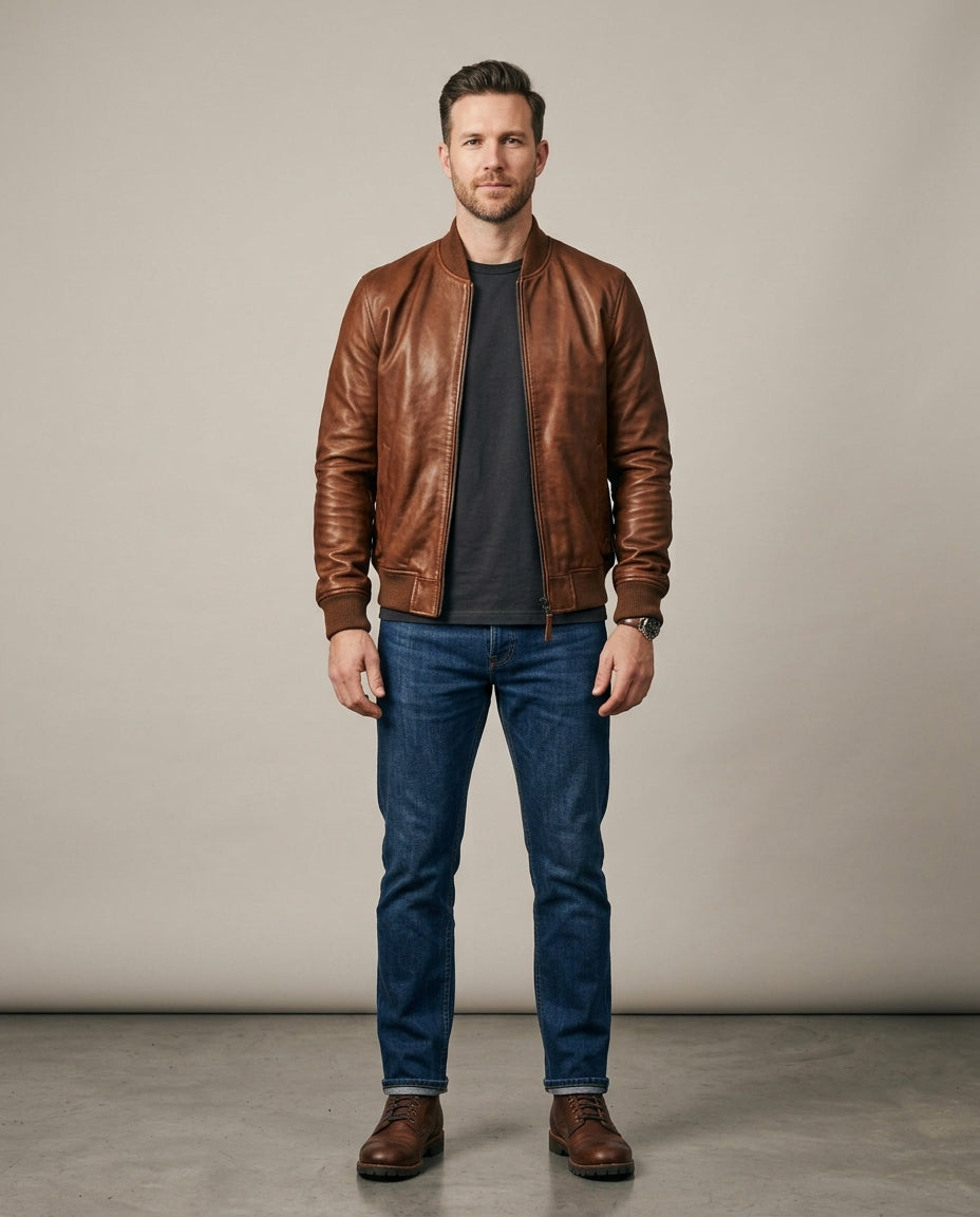 Men's brown leather bomber jacket with ribbed collar, cuffs and hem, front view, The Harlan Brown
