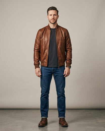 Men's brown leather bomber jacket with ribbed collar, cuffs and hem, front view, The Harlan Brown