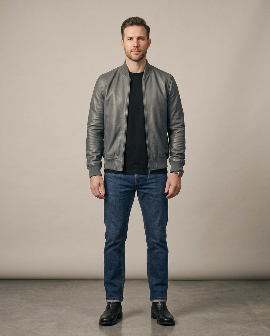 Men's gray leather bomber jacket with ribbed collar, cuffs and hem, front view, The Harlan Grey