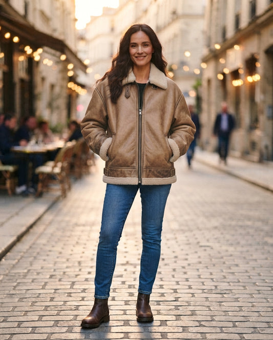 Women's vintage washed bronze leather jacket with cream fleece-trimmed collar, The Hazel Bronze