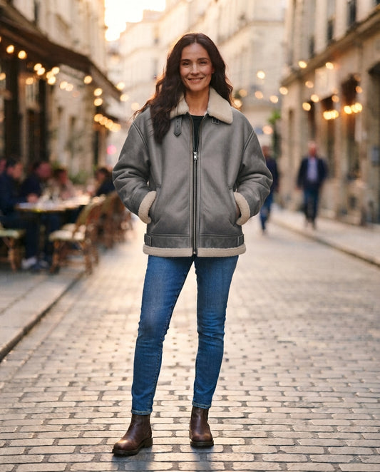 Women's vintage washed gray leather jacket with ivory fleece-trimmed collar, The Hazel Gray