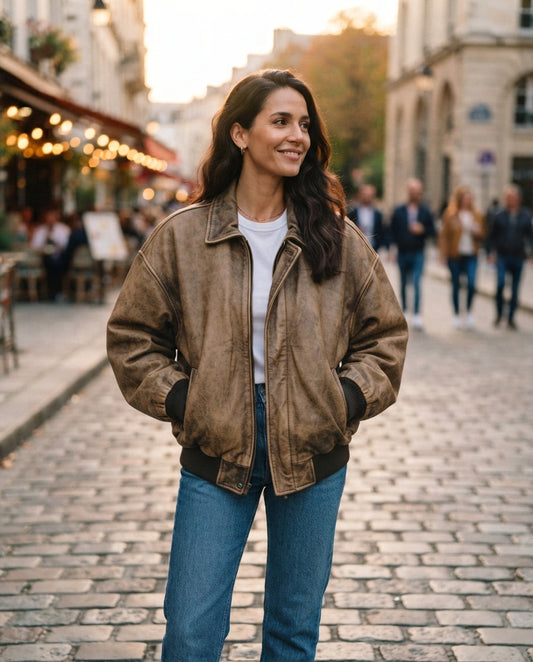 Women's vintage oversized distressed bronze leather bomber jacket with ribbed cuffs and hem, The June Bronze