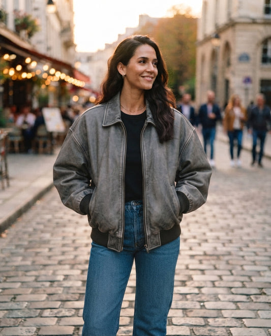 Women's vintage oversized distressed gray leather bomber jacket with ribbed cuffs and hem, The June Gray
