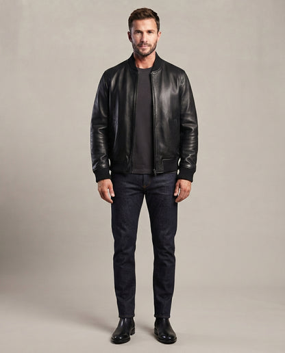 Men's black leather bomber jacket with ribbed collar, cuffs and hem, full body view, The Maverick Black