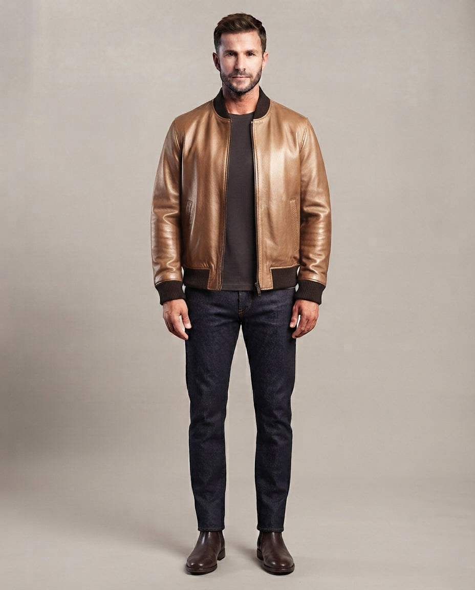 Men's bronze leather bomber jacket with ribbed collar, cuffs and hem, full body view, The Maverick Bronze