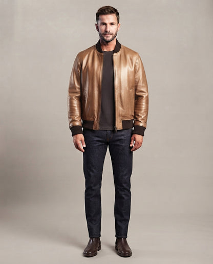 Men's bronze leather bomber jacket with ribbed collar, cuffs and hem, full body view, The Maverick Bronze