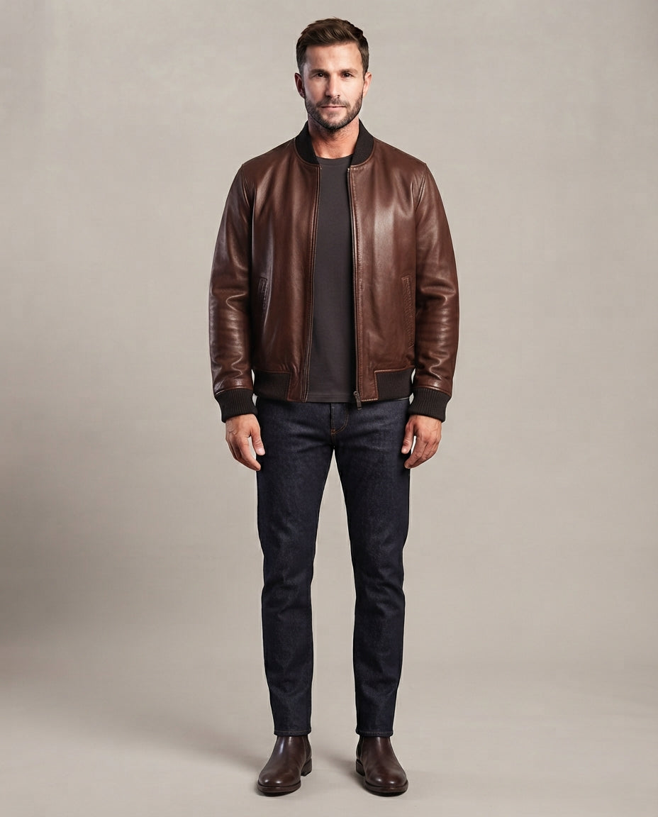 Men's brown leather bomber jacket with ribbed collar, cuffs and hem, full body view, The Maverick Brown