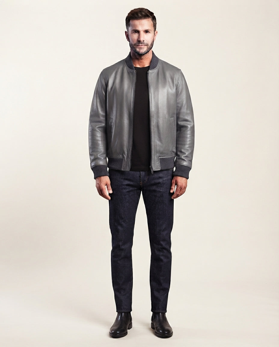 Men's gray leather bomber jacket with ribbed collar, cuffs and hem, full body view, The Maverick Gray