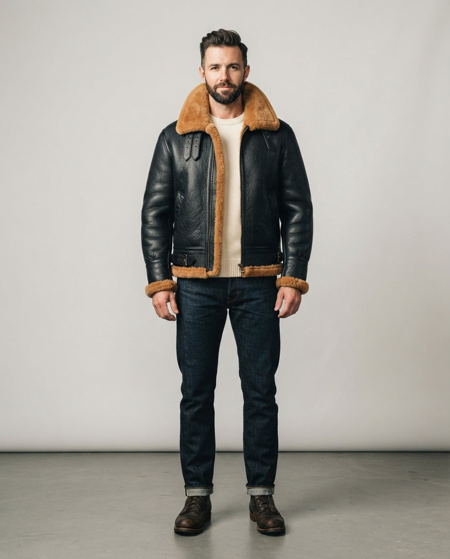 Men's black B3 sheepskin aviator shearling jacket with ginger fur collar and belted hem, full body view