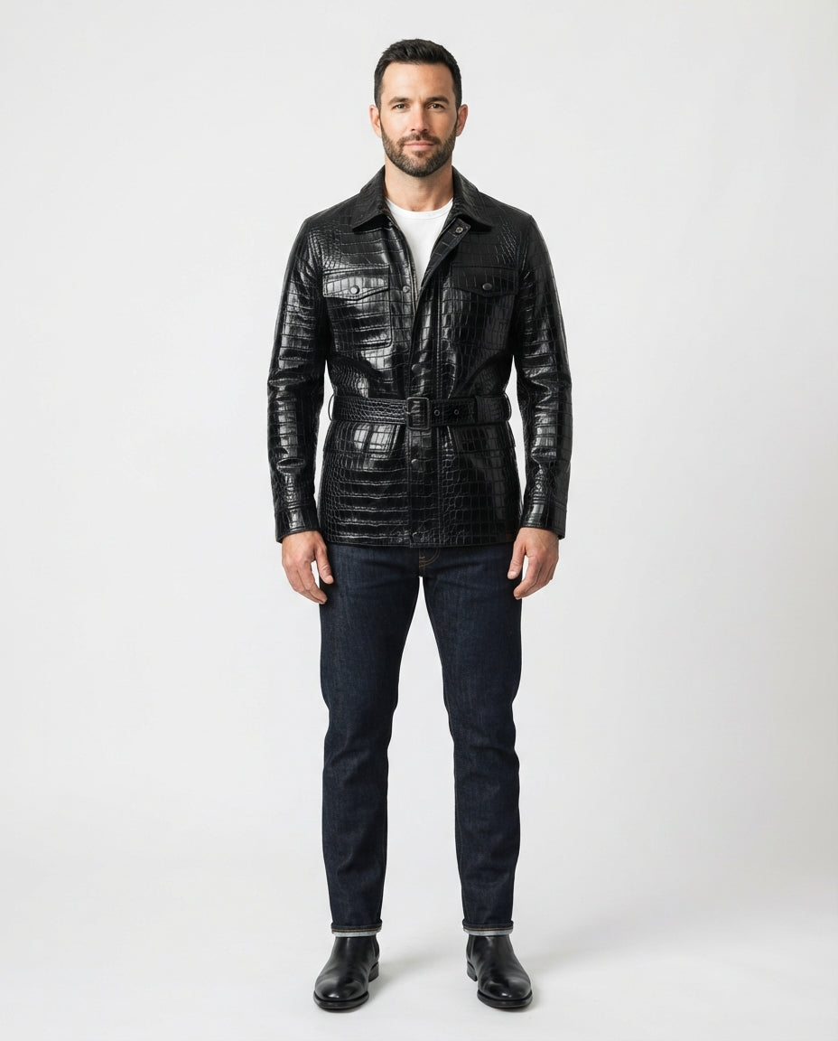 Men's Cowhide Leather Bomber Jacket in black — jacket product image