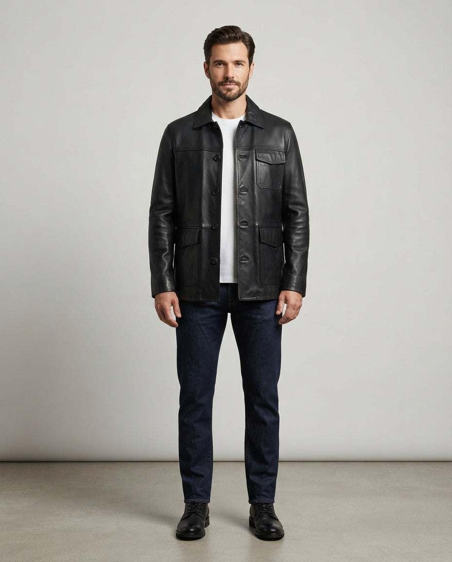 Men's black leather stand collar jacket with button front and flap pockets, full body view