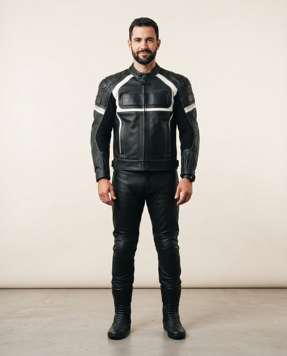 A man wearing a black leather motorcycle jacket with white contrast stitching and matching black leather pants and boots, standing against a plain beige studio background.
