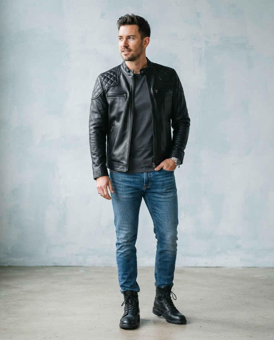 Men's black quilted leather biker jacket with mandarin collar and zippered pockets, full body view