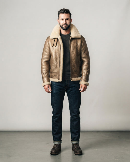 Men's bronze B3 sheepskin aviator shearling jacket with cream fur collar and belted hem, full body view
