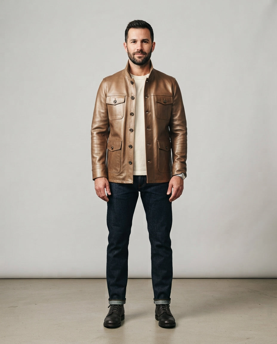 Men's bronze leather stand collar jacket with button front and flap pockets, full body view