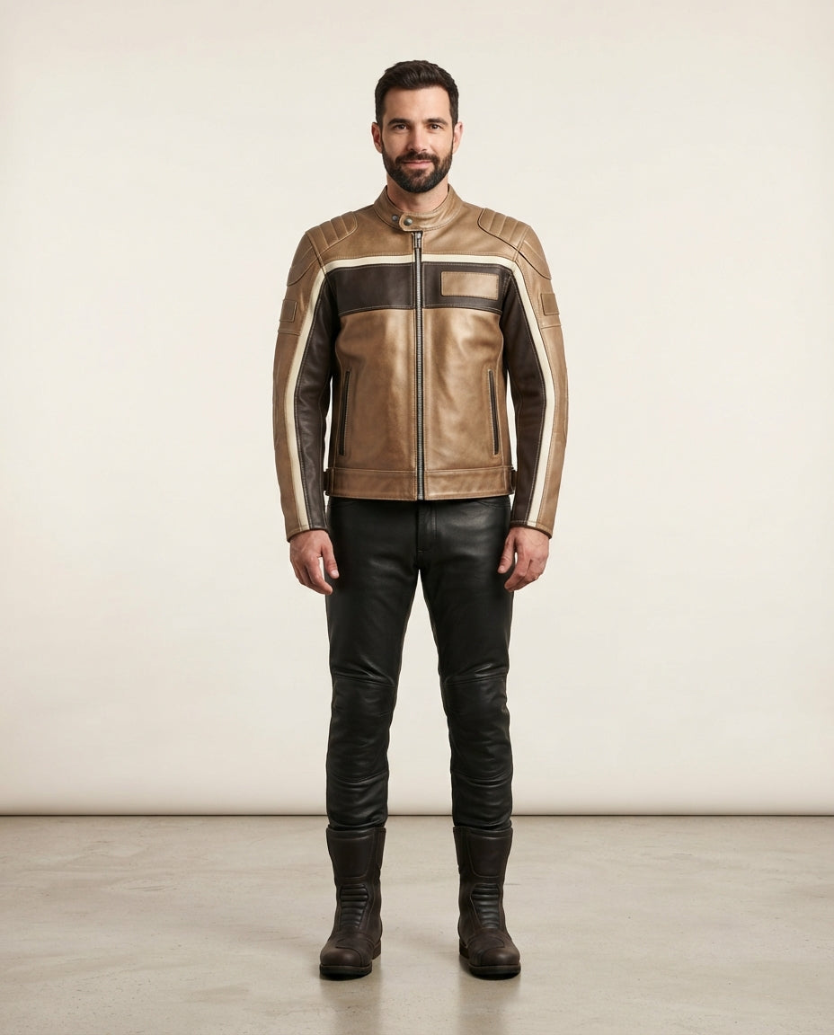 A man stands facing forward wearing a tan and dark brown leather jacket with contrasting light beige stripes on the sleeves, paired with black leather pants and dark brown boots, against a plain light beige studio background.