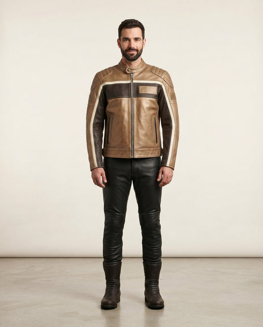 A man stands facing forward wearing a tan and dark brown leather jacket with contrasting light beige stripes on the sleeves, paired with black leather pants and dark brown boots, against a plain light beige studio background.