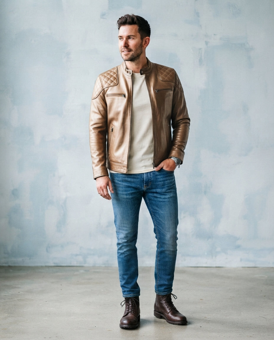 A man wearing a tan leather moto jacket with quilted shoulder details, a cream t-shirt, blue jeans, and brown leather boots, standing against a textured light blue-gray wall.
