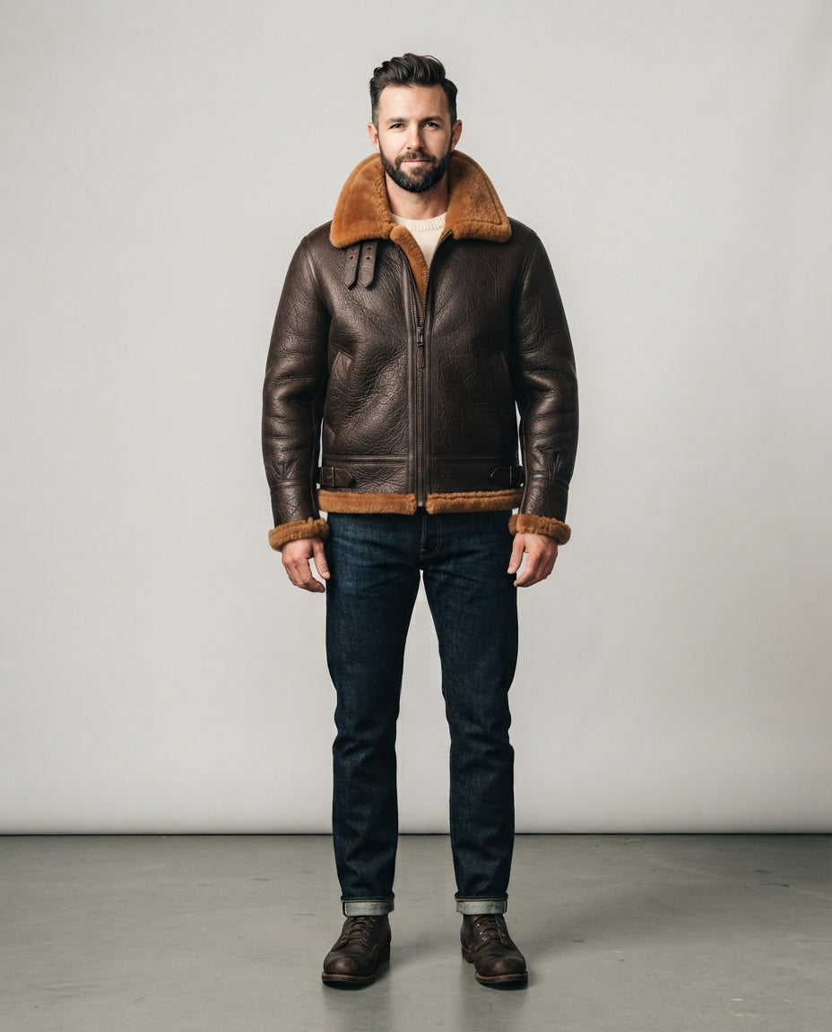 Men's brown B3 sheepskin aviator shearling jacket with ginger fur collar and belted hem, full body view