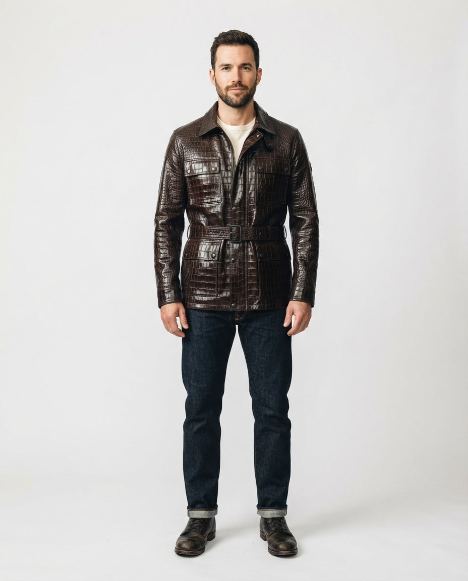 Men's Cowhide Leather Bomber Jacket in brown — jacket product image