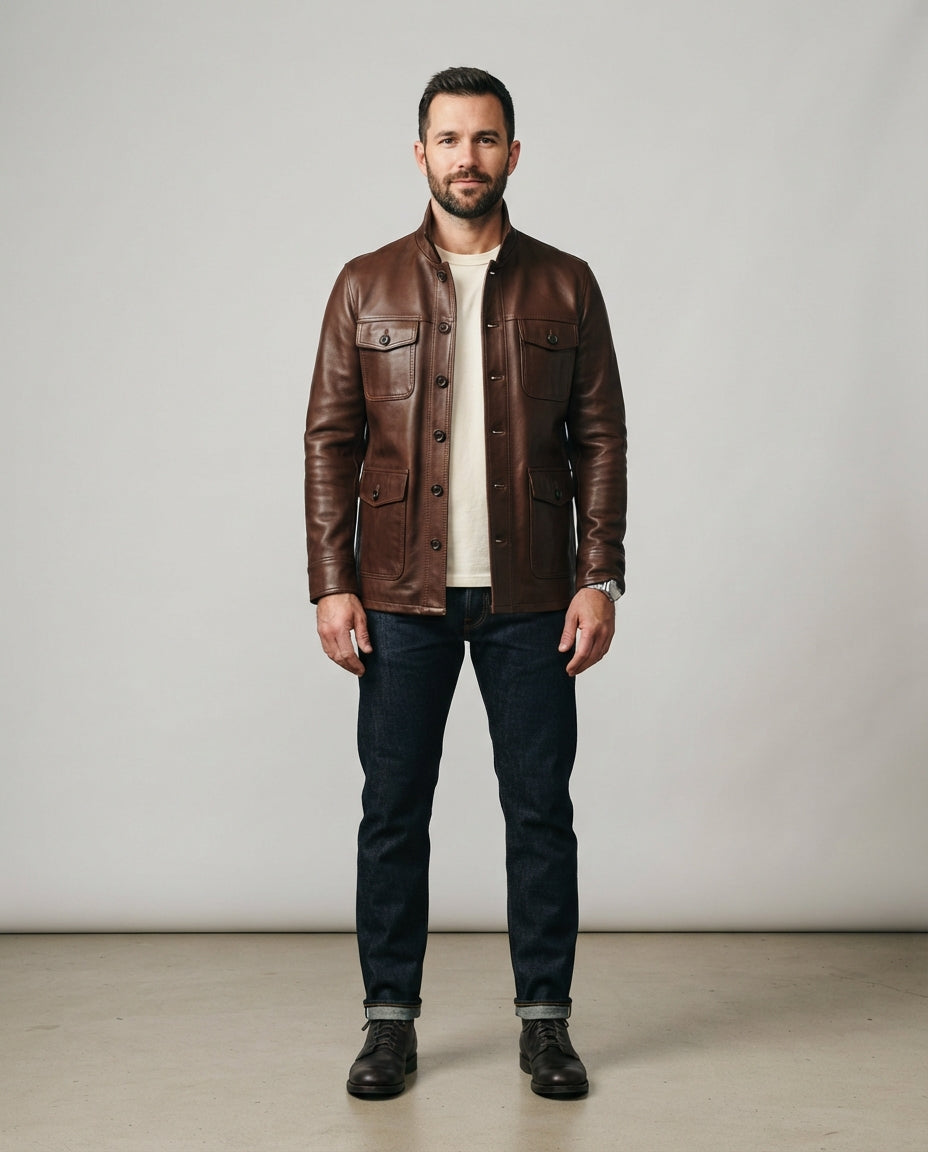 Men's brown leather stand collar jacket with button front and flap pockets, full body view