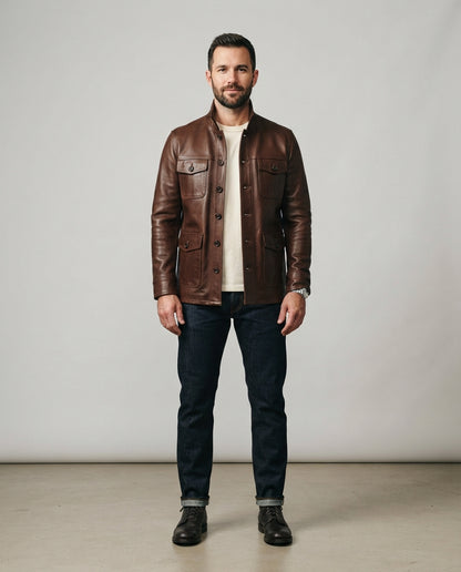 Men's brown leather stand collar jacket with button front and flap pockets, full body view