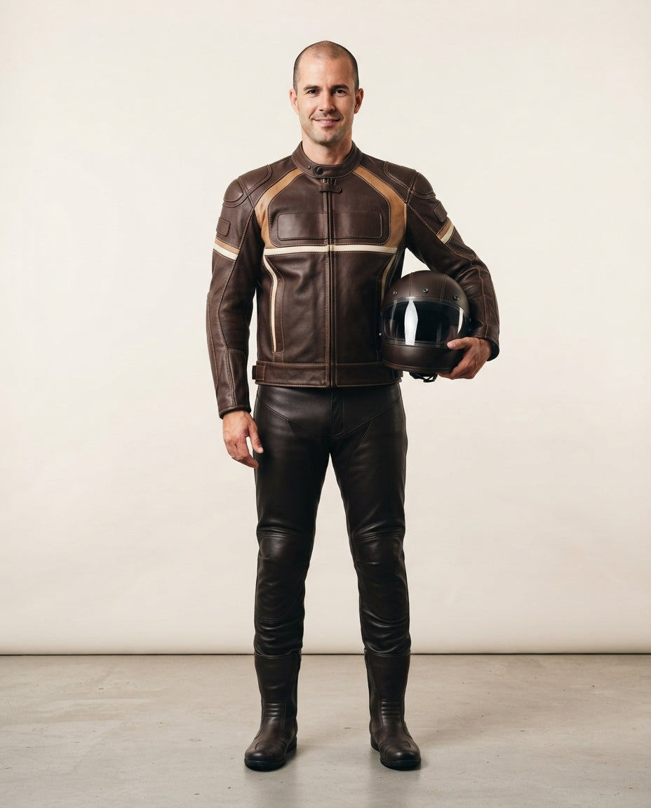 A man wearing a brown leather motorcycle jacket with beige stripes, matching dark leather pants, and holding a black helmet, standing against a plain light beige studio background.