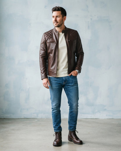 A man wearing a dark brown leather moto jacket, cream t-shirt, blue jeans, and brown leather boots, standing against a textured light blue-gray wall.