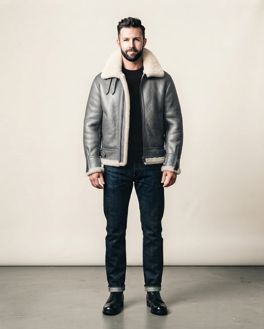 Men's gray B3 sheepskin aviator shearling jacket with ivory fur collar and belted hem, full body view