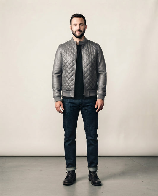 Men's gray diamond quilted buffalo leather bomber jacket with ribbed hem and cuffs, full body view
