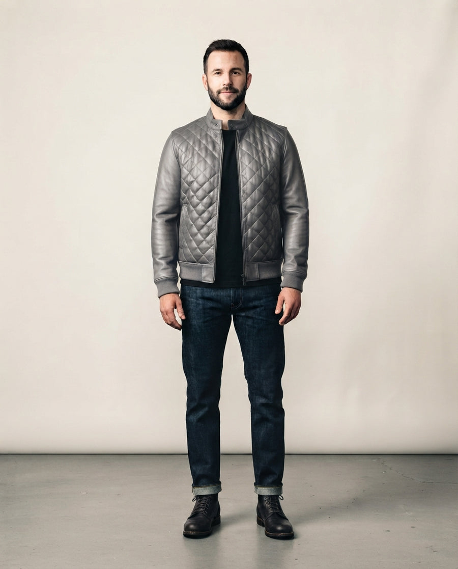 Men's gray diamond quilted buffalo leather bomber jacket with ribbed hem and cuffs, full body view