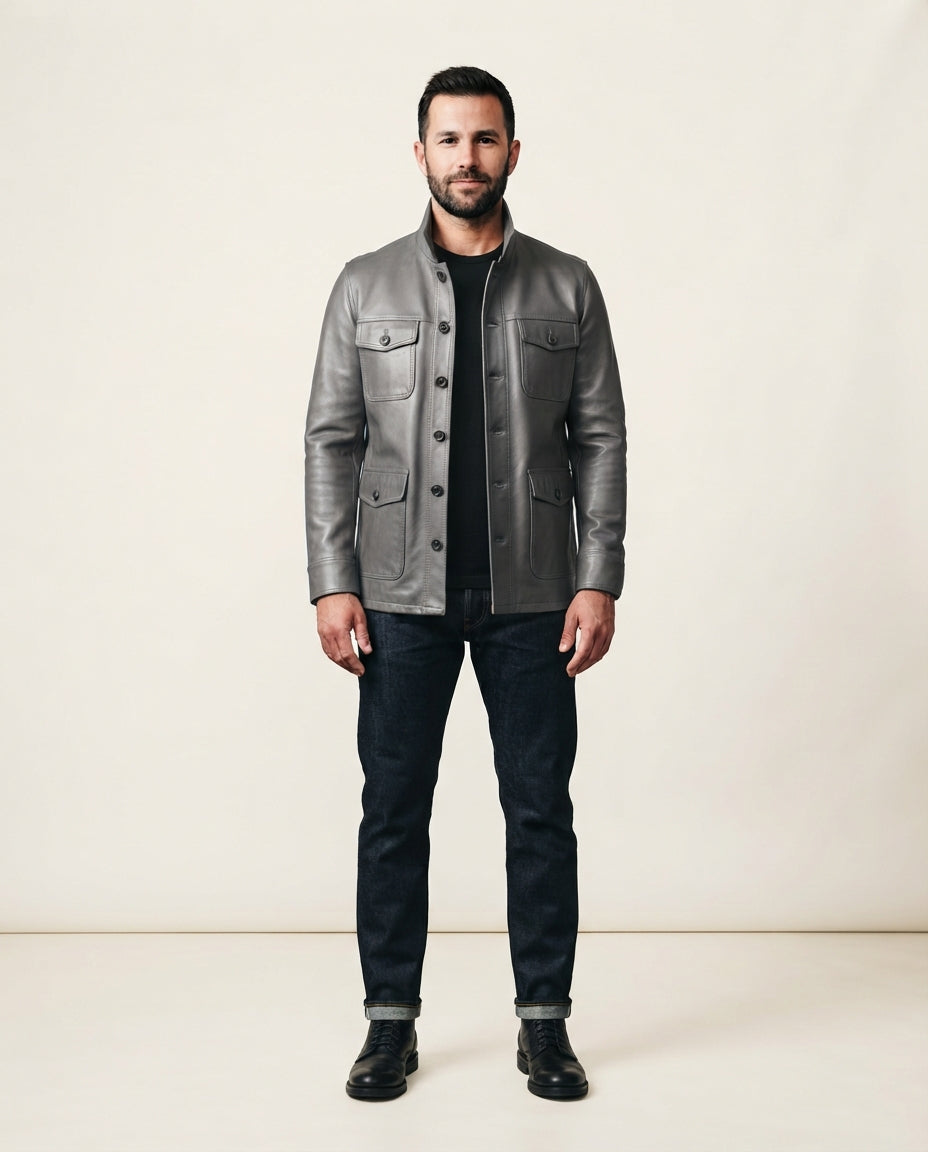 Men's gray leather stand collar jacket with button front and flap pockets, full body view