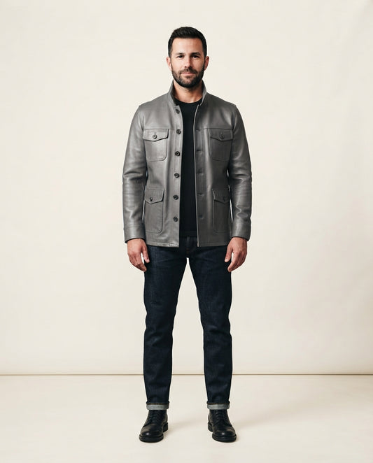 Men's gray leather stand collar jacket with button front and flap pockets, full body view