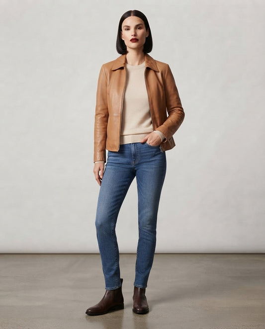 A lady wearing tan- bronze jacket 