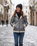 Women's gray shearling-lined leather aviator jacket with fleece collar, The Nora Gray