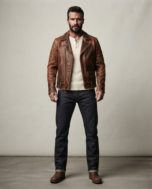 Men's Distressed Vintage Leather Biker Jacket – The Outlaw — jacket product image