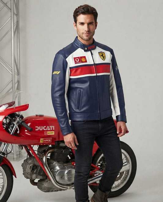 man wearing racer jacket blue 