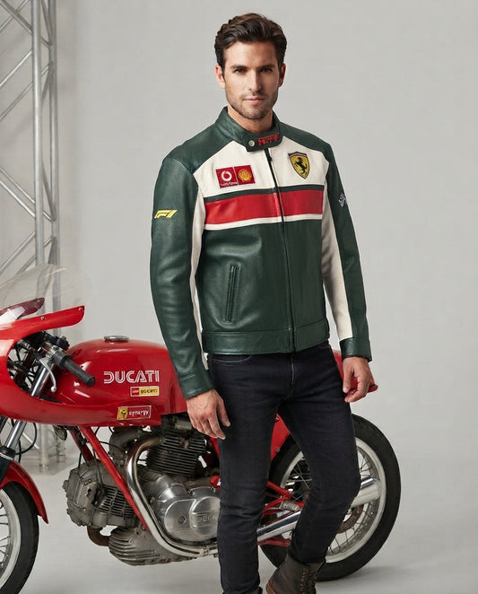 model wearing racer jacket dark green