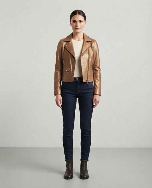 Women's bronze cropped leather biker jacket with asymmetric zip, slim fit, full body view, The Raven Bronze