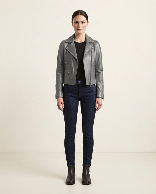 Women's gray cropped leather biker jacket with asymmetric zip, slim fit, full body view, The Raven Gray