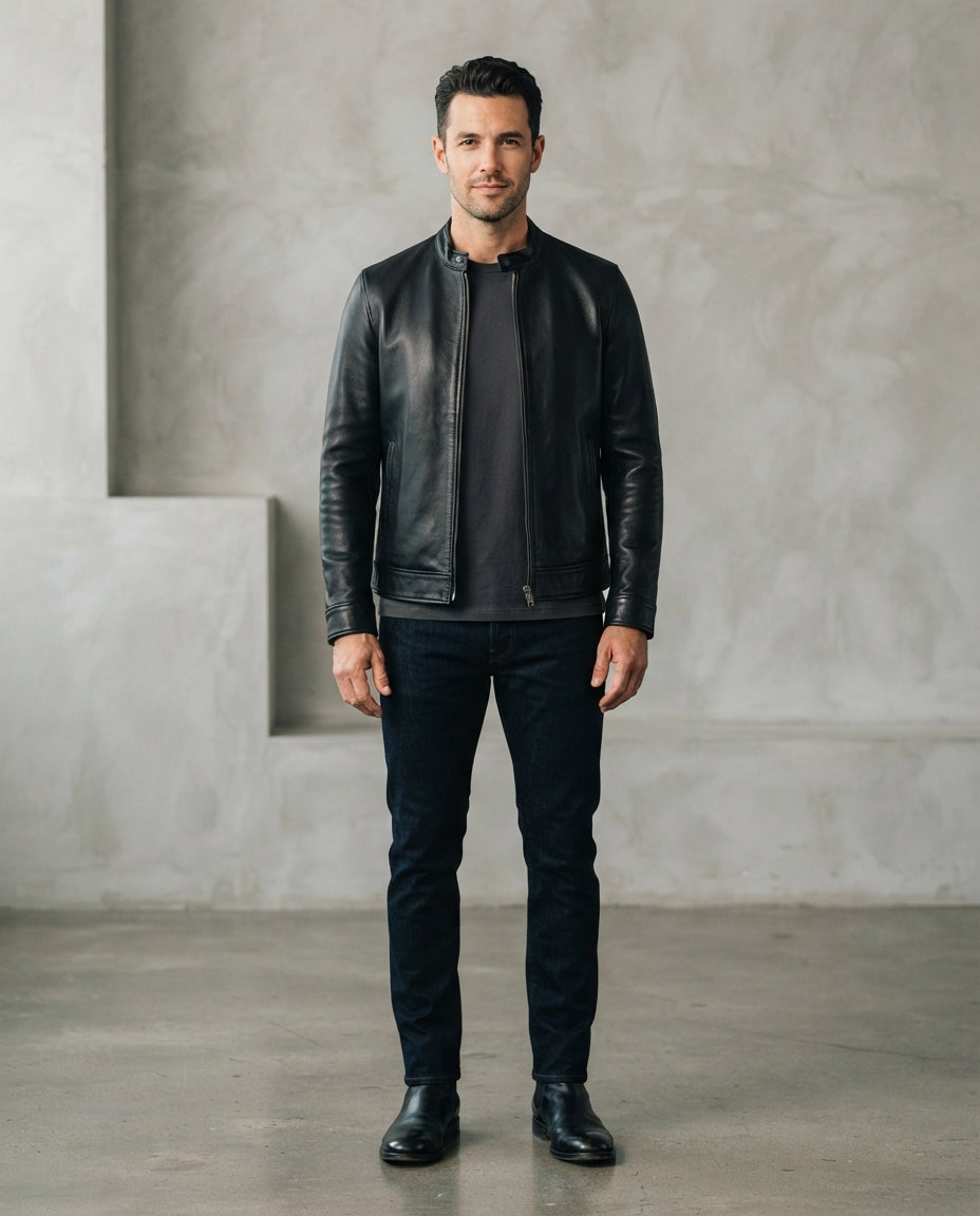 Men's black collarless café racer leather jacket with slim fit and snap cuffs, full body view, The Recon Black