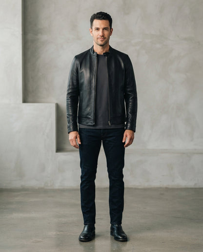 Men's black collarless café racer leather jacket with slim fit and snap cuffs, full body view, The Recon Black